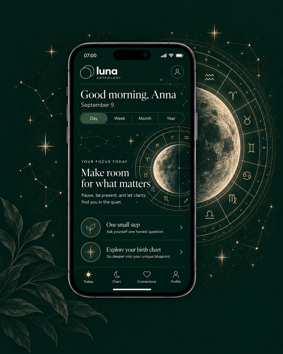 Preview of Luna’s dark interface: a daily reflection beside a golden moon and zodiac wheel.